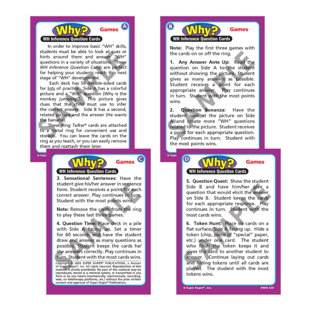 Ring Talkers® WH Inference Question Cards, instruction cards for Why deck