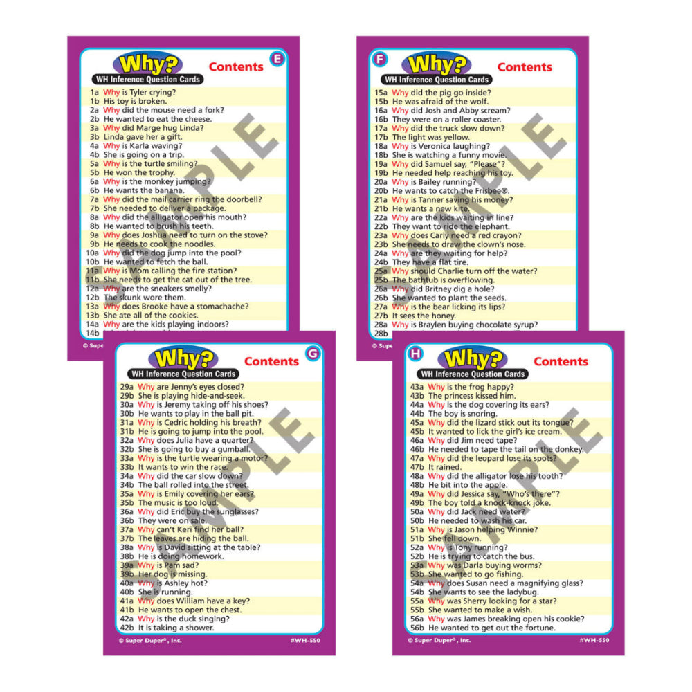 ing Talkers® WH Inference Question Cards, table of contents for Why deck