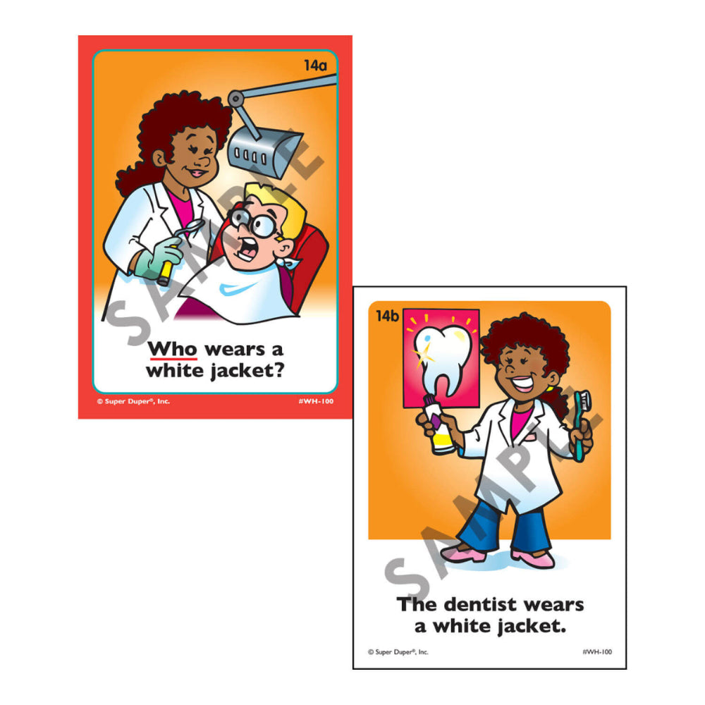 Ring Talkers® WH Inference Question Cards, sample cards Who deck dentist example