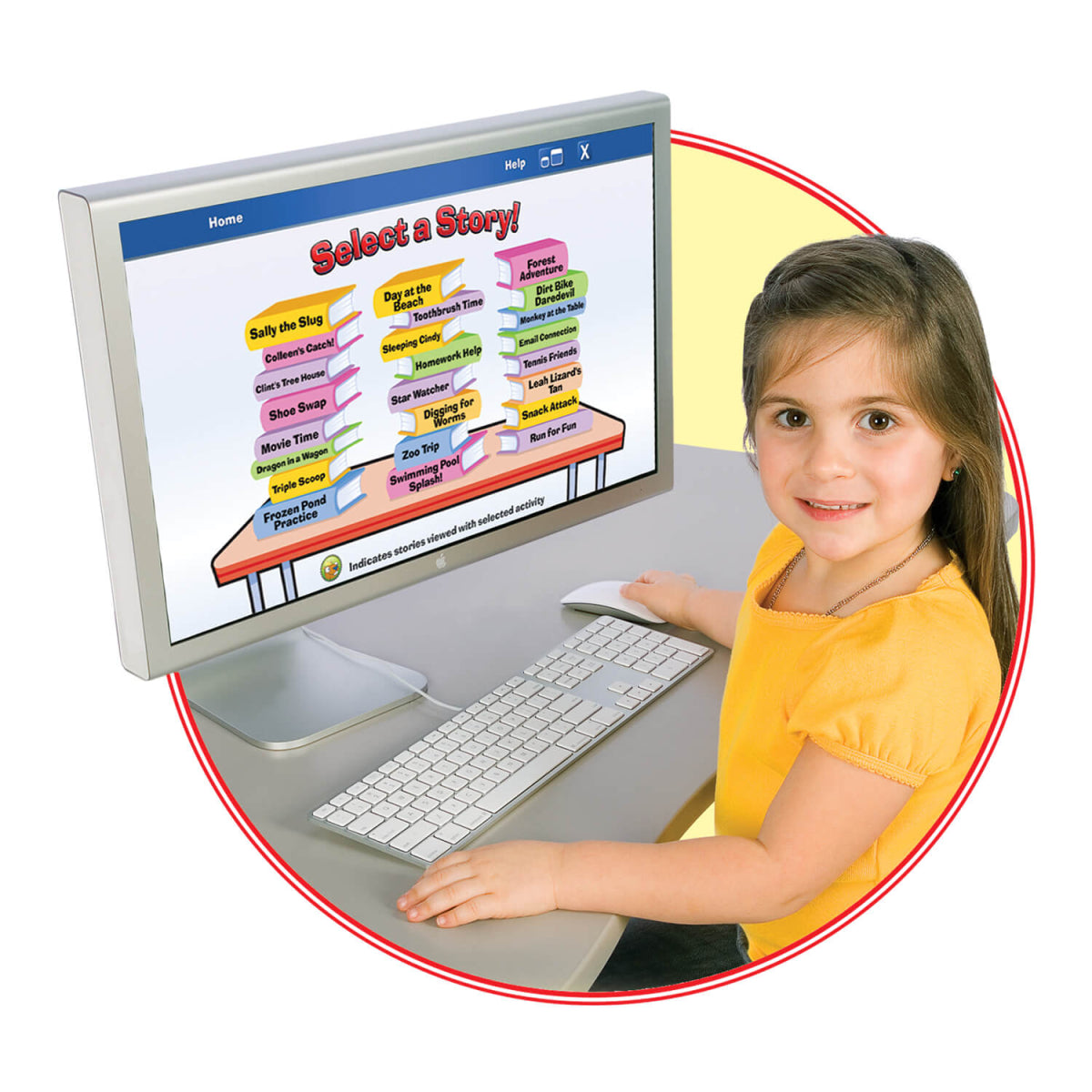 Child using Webber® Interactive “WH” Questions CD-ROM on desktop computer for speech therapy practice