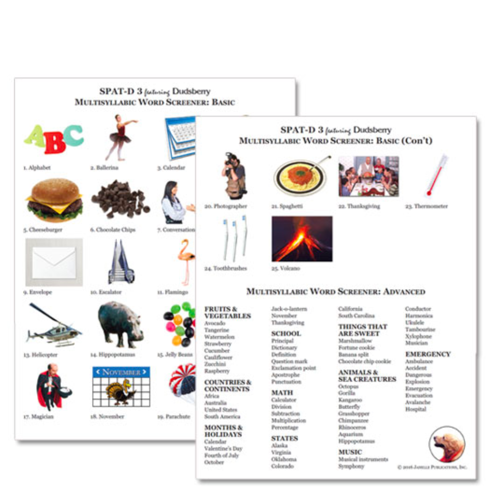 SPAT-D:3: The Structured Photographic Articulation Test (featuring Dudsberry) multisyllabic word screener (basic and advanced)