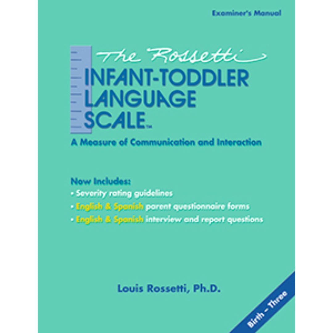 The Rossetti Infant-Toddler Language Scale Examiner's Manual, Canada, green book cover with blue, white, and yellow text