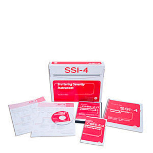 Stutter Severity Instrument, Fourth Edition (SSI-4), Canada, examiner's manual for stuttering assessment in children, boxed kit with several books and a CD, white with red labels